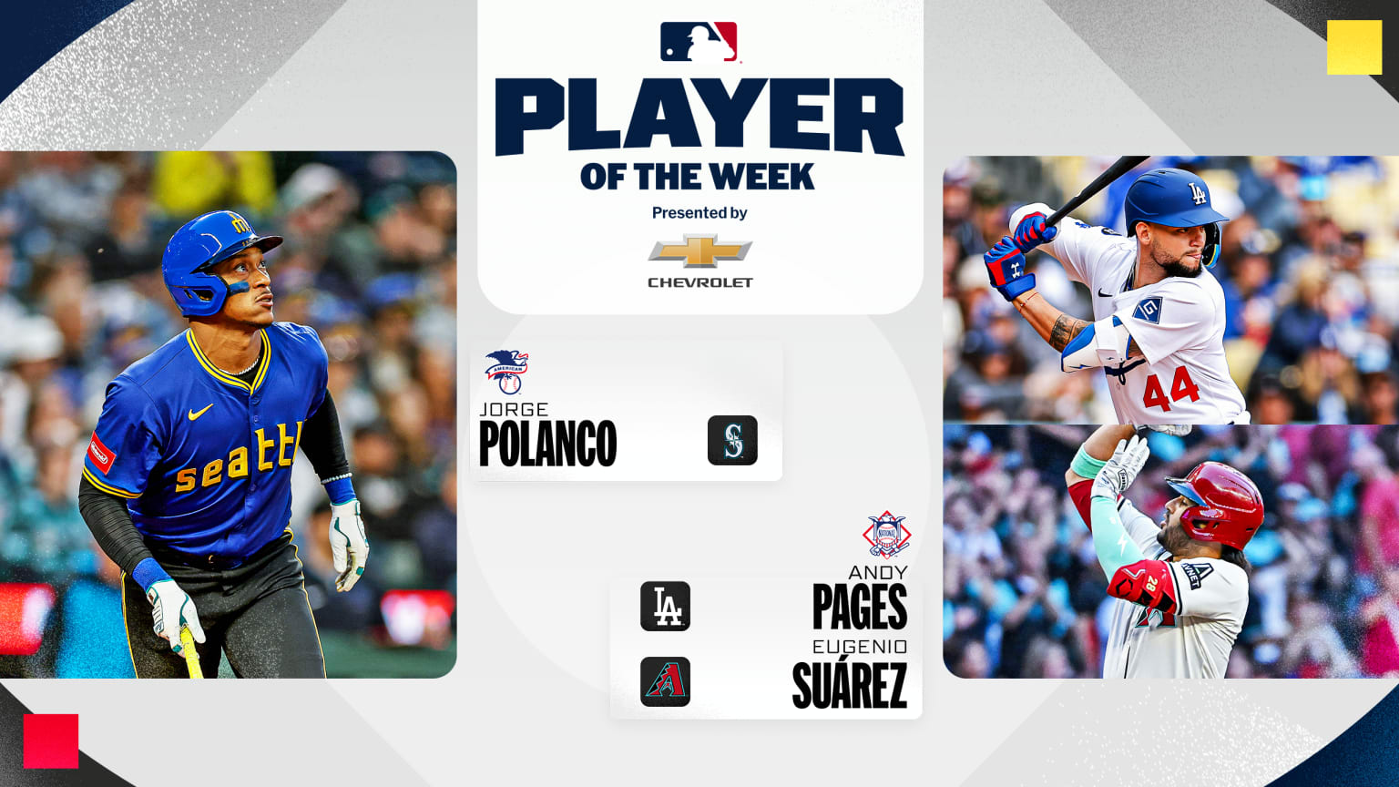 Pictures of Jorge Polanco and Andy Pages and Eugenio Suárez flank the MLB and Player of the Week logos