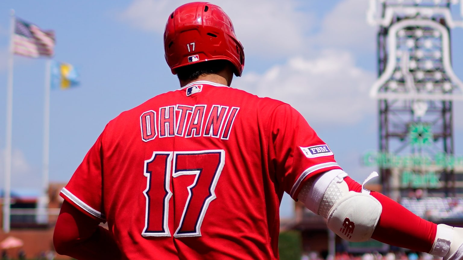 Shohei Ohtani shown from behind with his name and number on his jersey