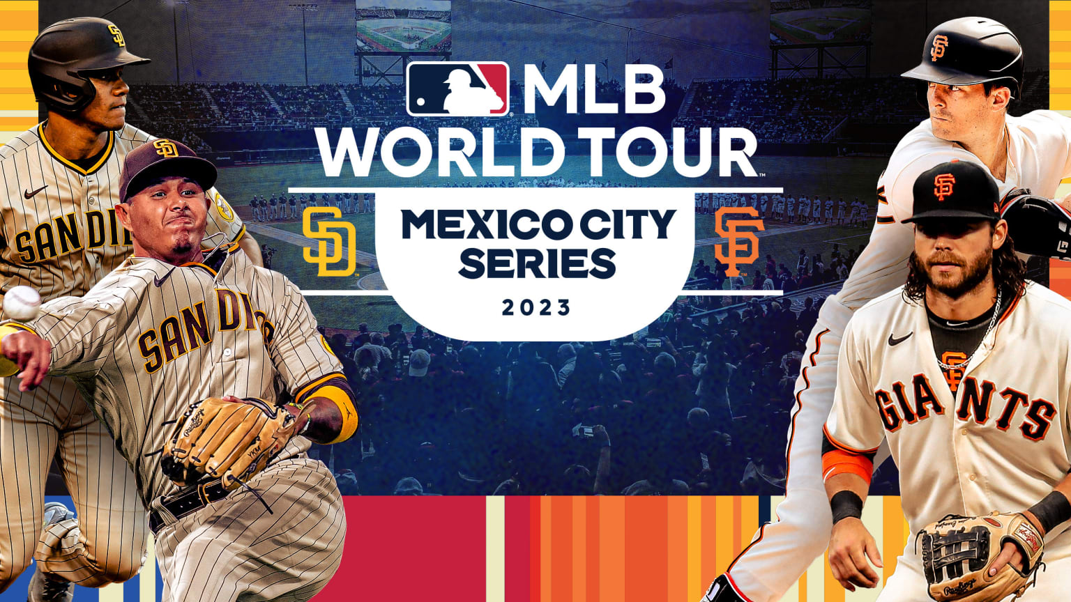 Juan Soto, Manny Machado, Brandon Crawford and Mike Yastrzemski are shown on both sides of an image featuring the Padres and Giants logos promoting the MLB World Tour Mexico City Series 2023 