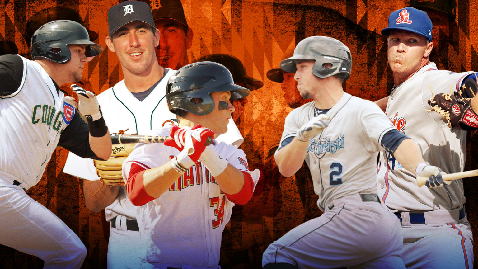 Silhouettes of 5 current Major Leaguers as young prospects, against an orange background