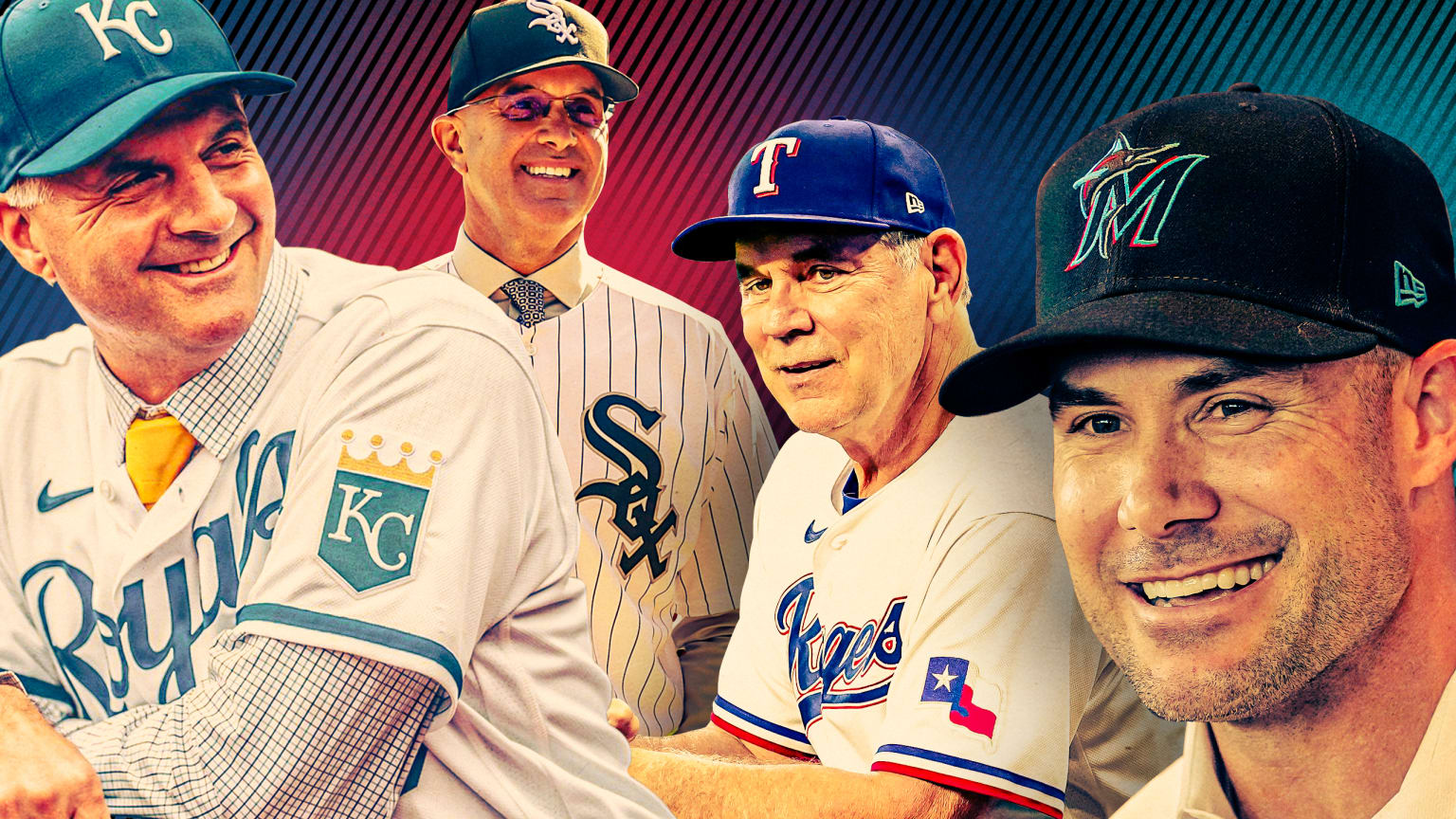 A photo illustration showing smiling new managers for the Royals, White Sox, Rangers and Marlins