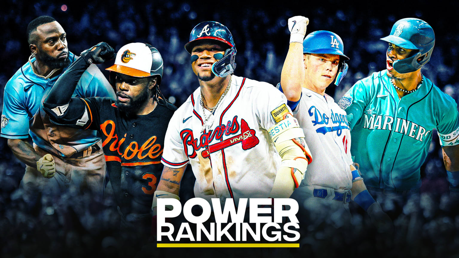Randy Arozarena, Cedric Mullins, Ronald Acuña Jr., Will Smith and Julio Rodríguez are pictured above the Power Rankings logo