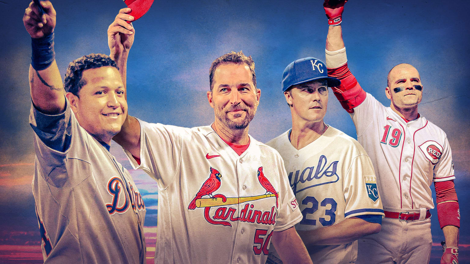 A photo illustration of Miguel Cabrera, Adam Wainwright, Zack Greinke and Joey Votto