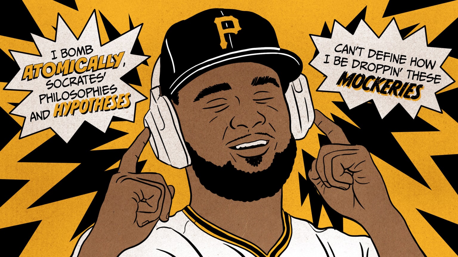 A comic-book-style graphic of a Pirates player listening to music on headphones