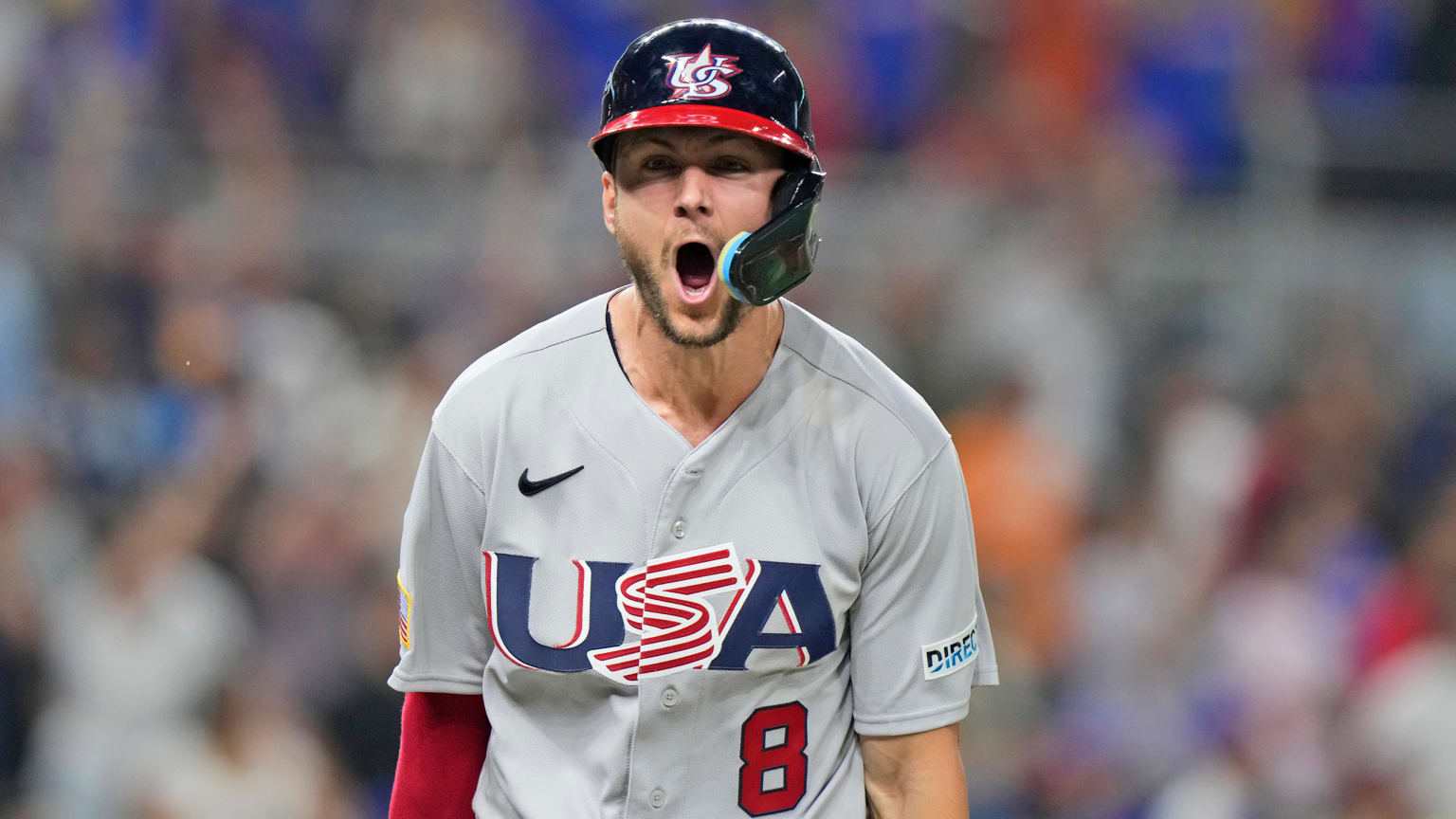 Trea Turner shouts with excitement in a Team USA uniform
