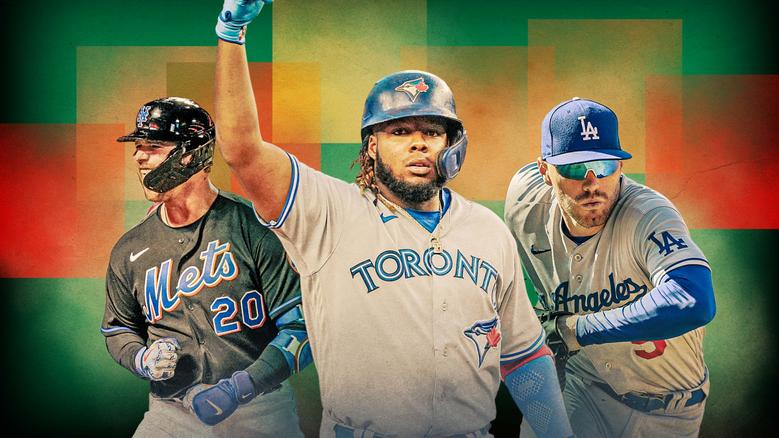 A photo illustration of Pete Alonso, Vladimir Guerrero Jr. and Freddie Freeman over an orange, yellow and green background