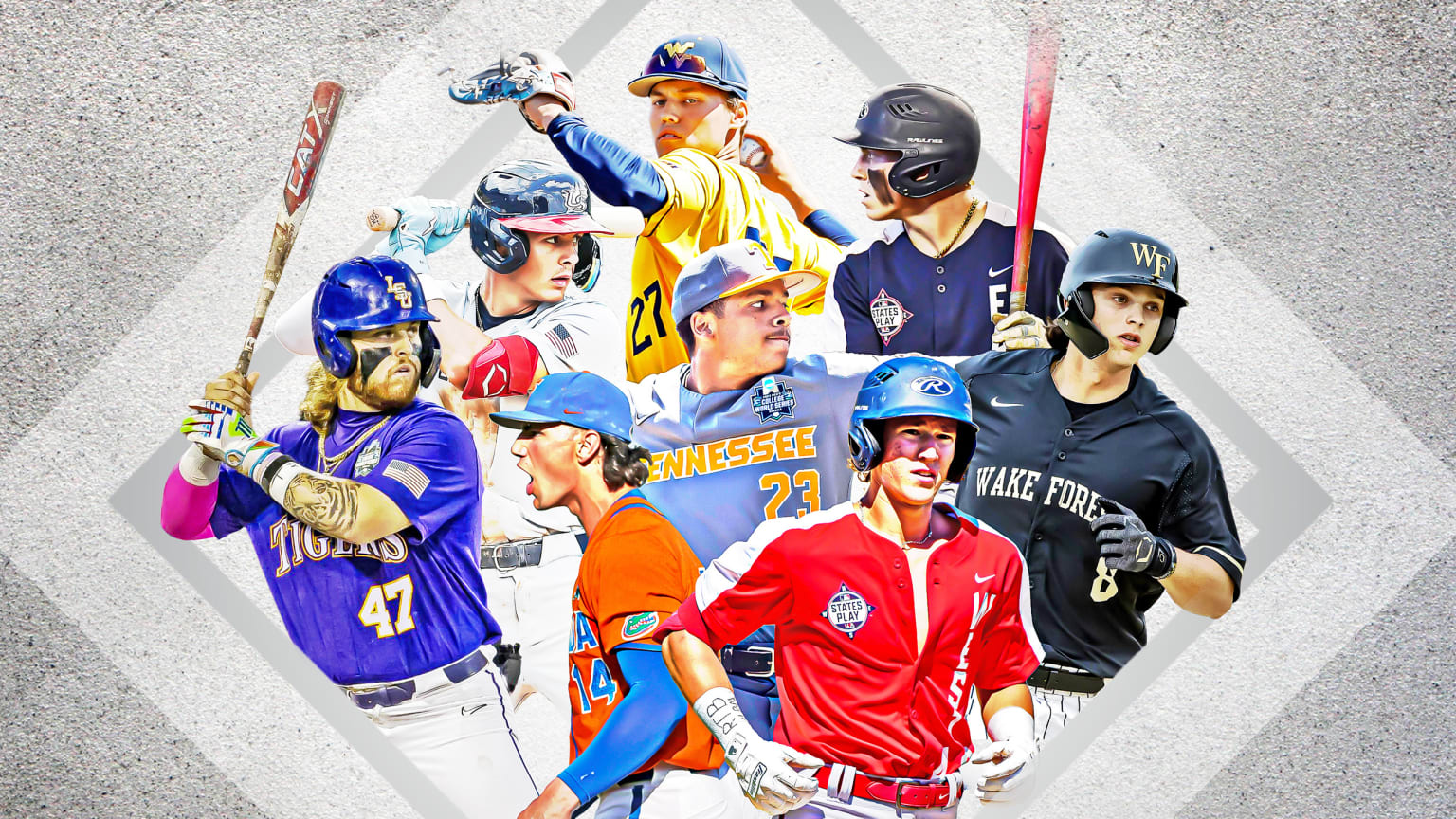 Eight college and high school players are pictured inside a diamond