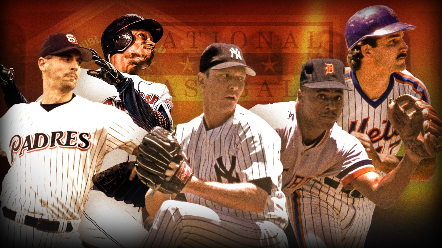A photo illustration of five players over the Baseball Hall of Fame logo