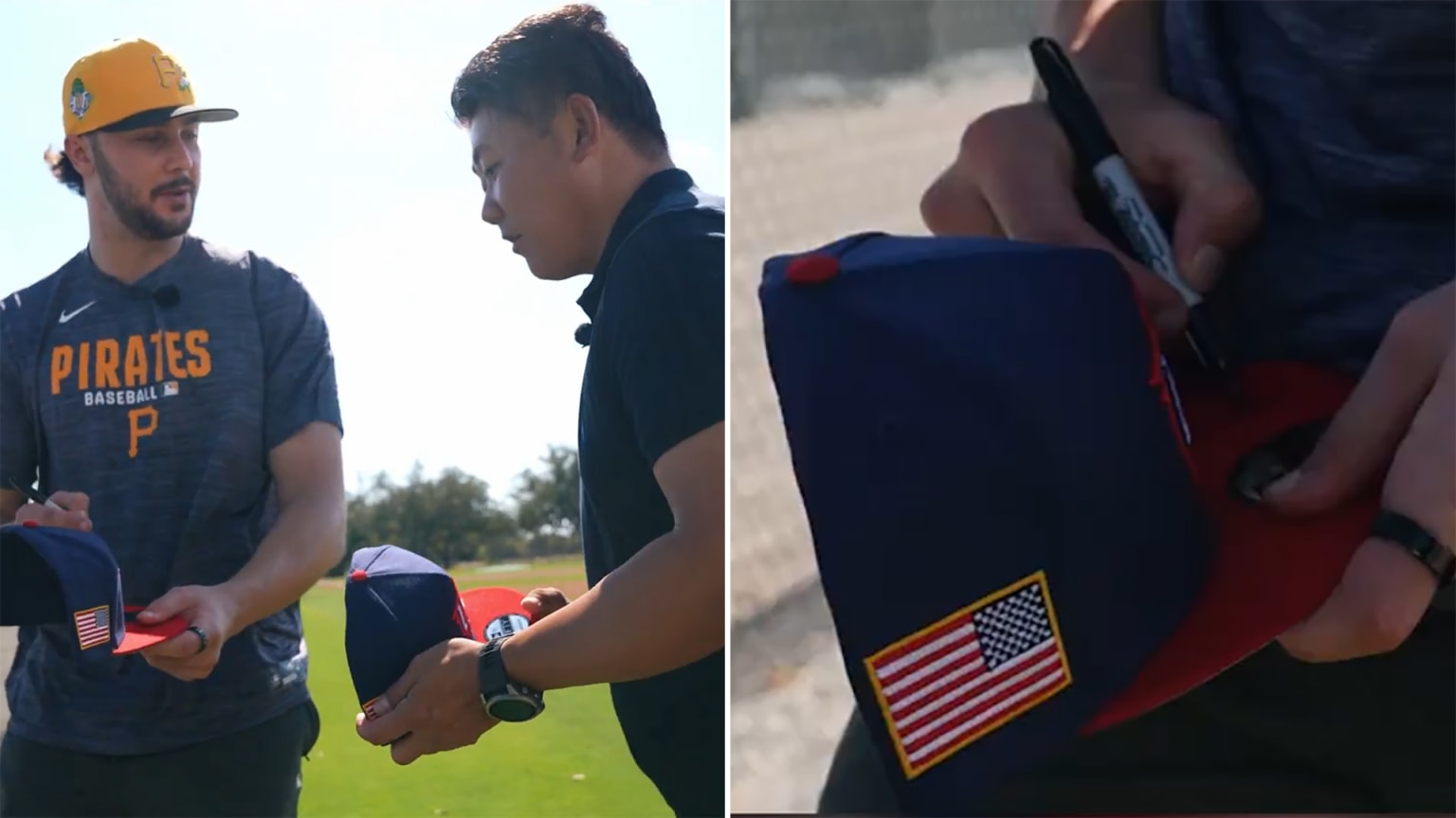 Paul Skenes signs a Team USA hat for Daisuke Matsuzaka