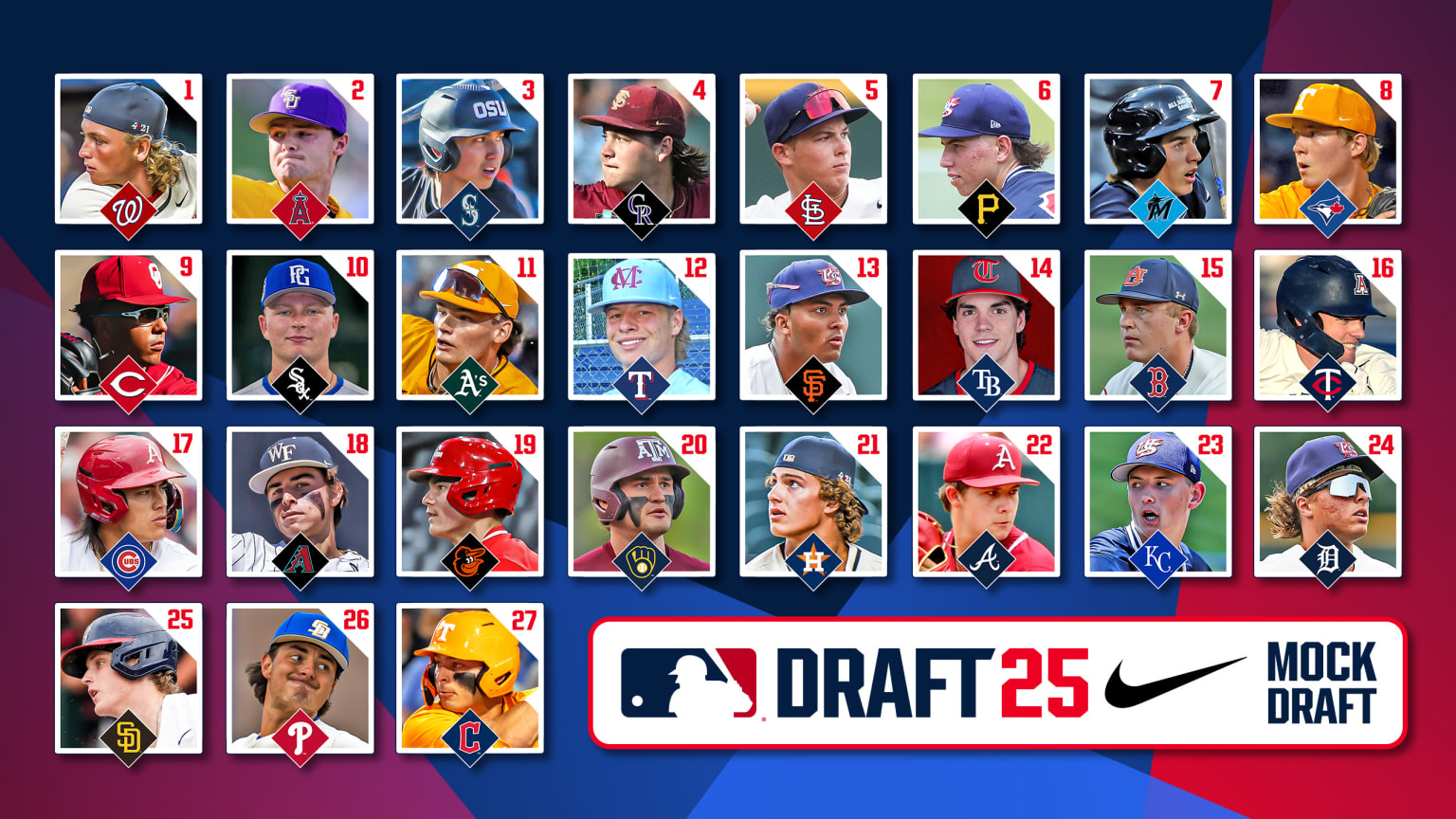 Images of the 27 players projected to be selected in the first round of the MLB Draft