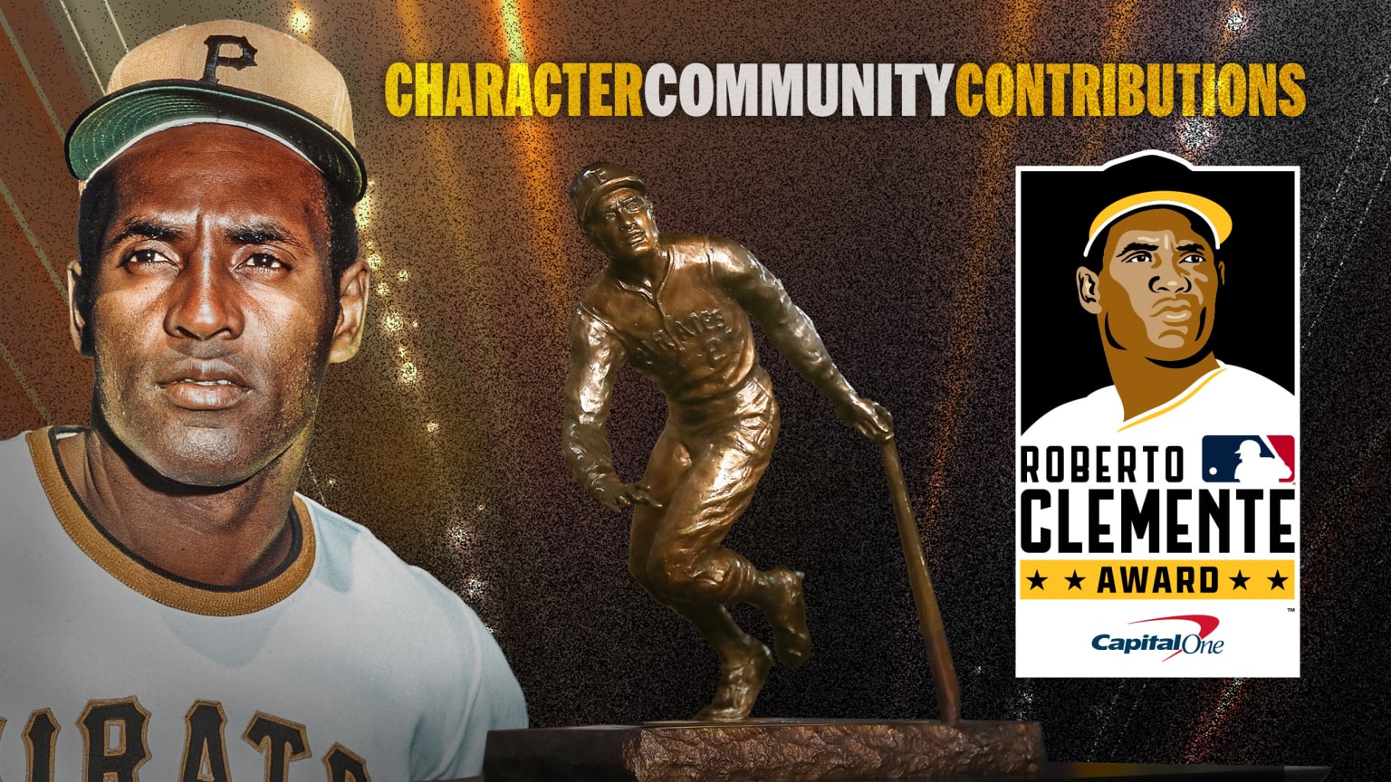 A graphic with a photo of Roberto Clemente, a Clemente Award trophy and the Clemente Award logo