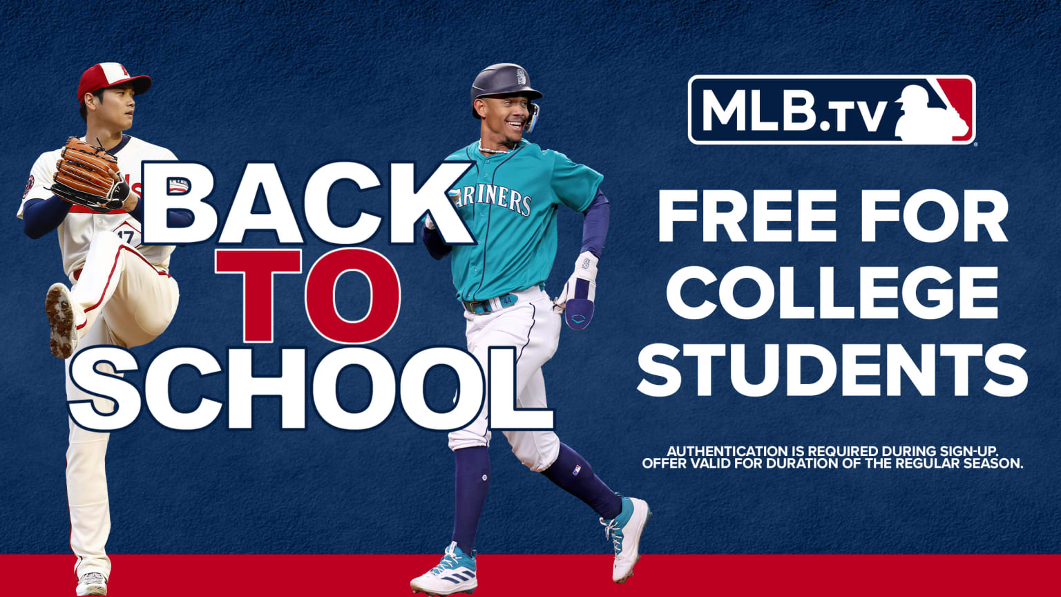 A graphic showing Shohei Ohtani and Julio Rodríguez for MLB.TV's free back to school promotion