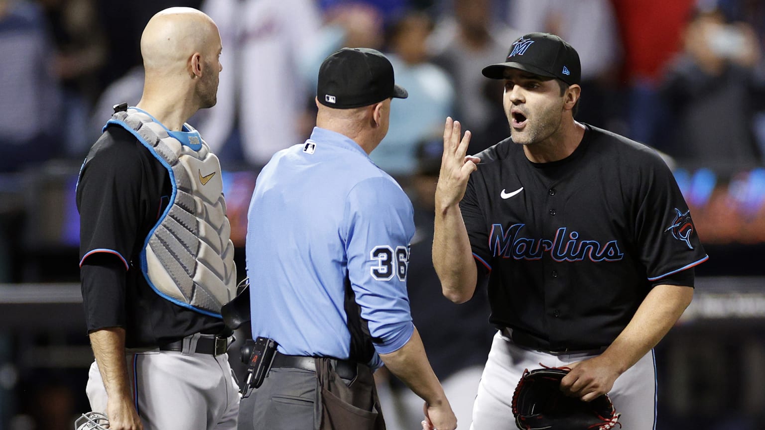 Marlins pitcher Richard Bleier holds up 3 fingers while arguing with an umpire as Marlins catcher Josh Stallings looks on