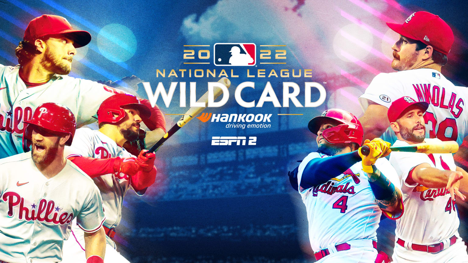 A graphic showing three Phillies players on the left and three Cardinals players on the right. In the center, the words ''2022 National League Wild Card''