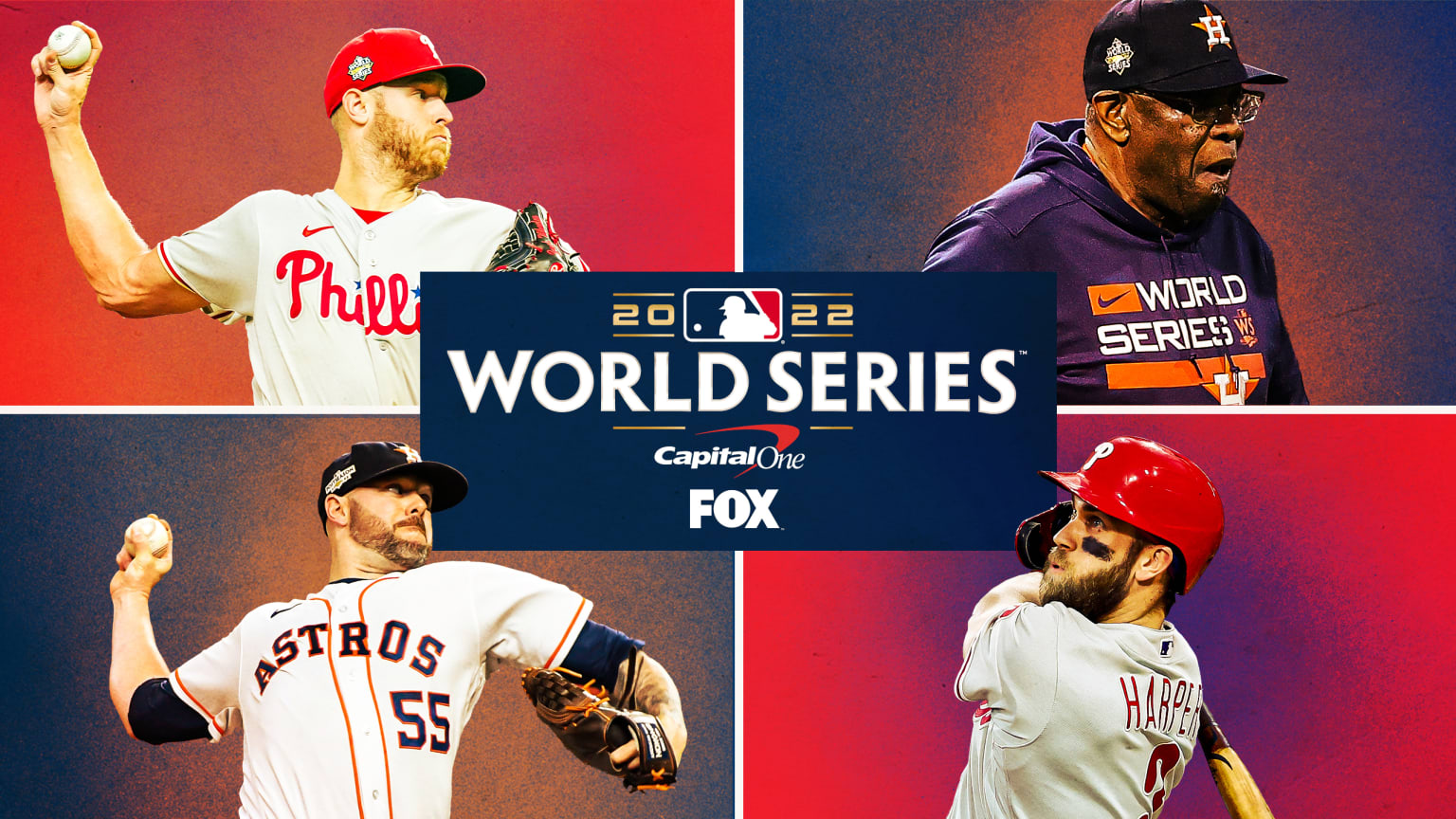 Zack Wheeler, Dusty Baker, Ryan Pressly and Bryce Harper are pictured around the World Series logo