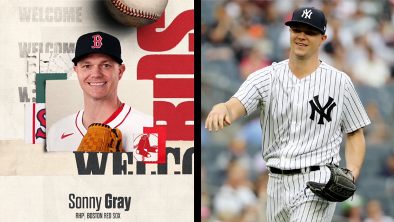 A split image of Sonny Gray in a Red Sox uniform next to him pitching for the Yankees
