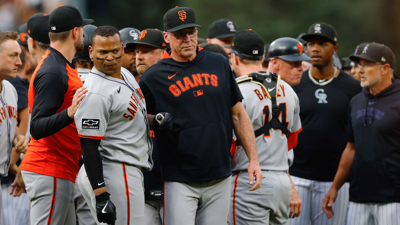 Rafael Devers and Giants manager Bob Melvin during last night's fracas in Denver