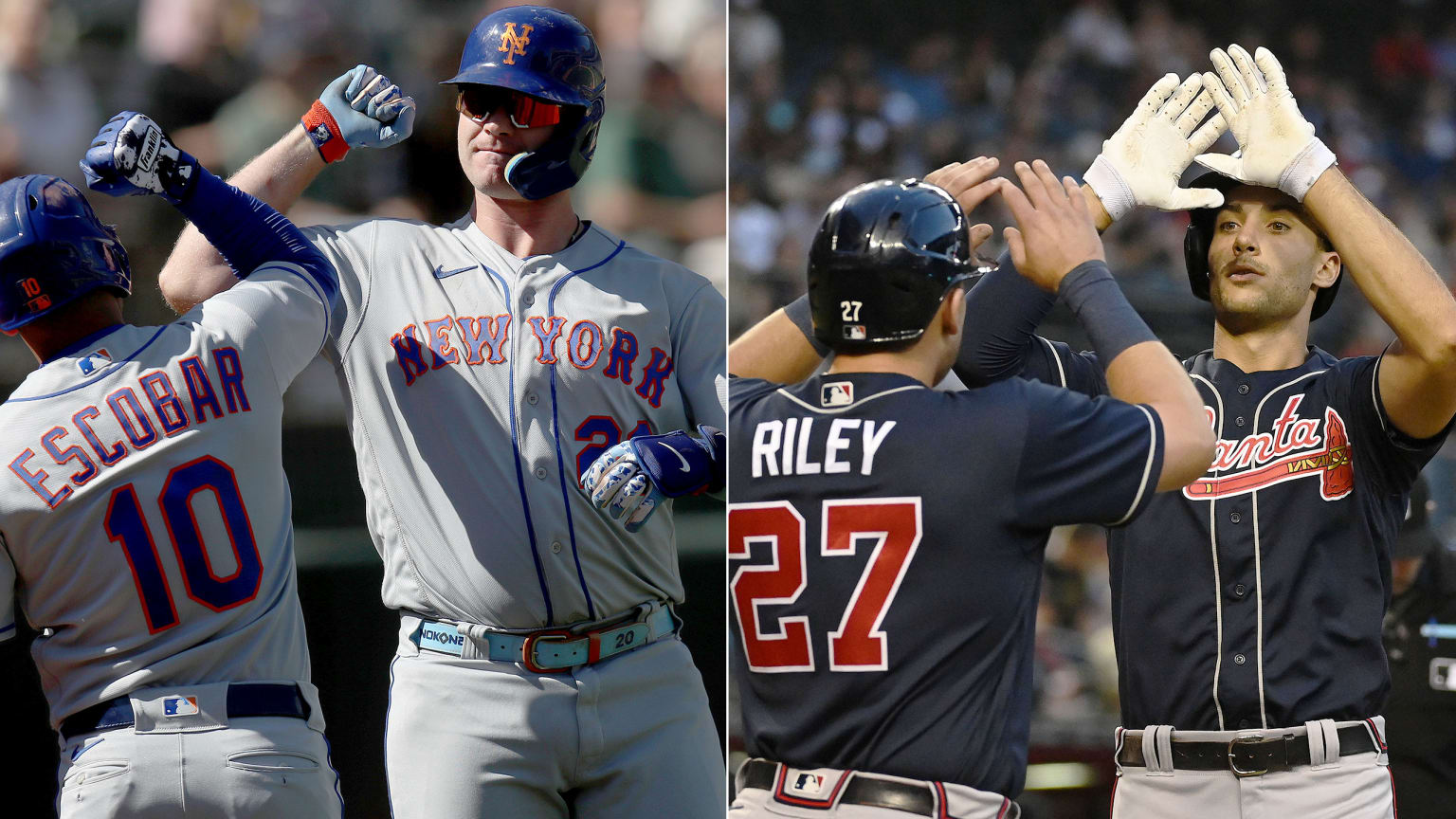 A split image showing two Mets celebrating a home run on the left and two Braves high-fiving on the right