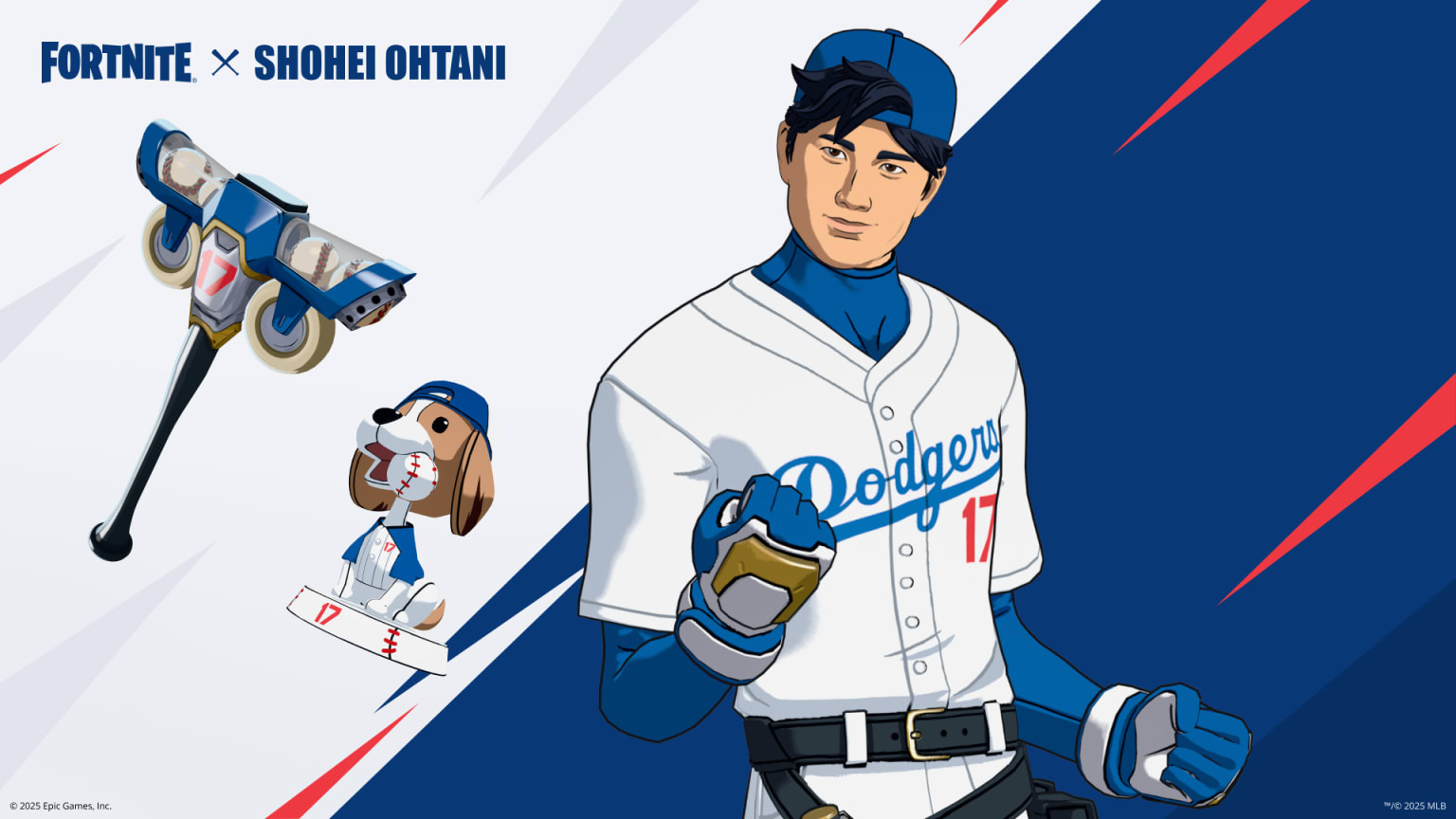 Depictions of Shohei Ohtani and his dog, Decoy, from Fortnite