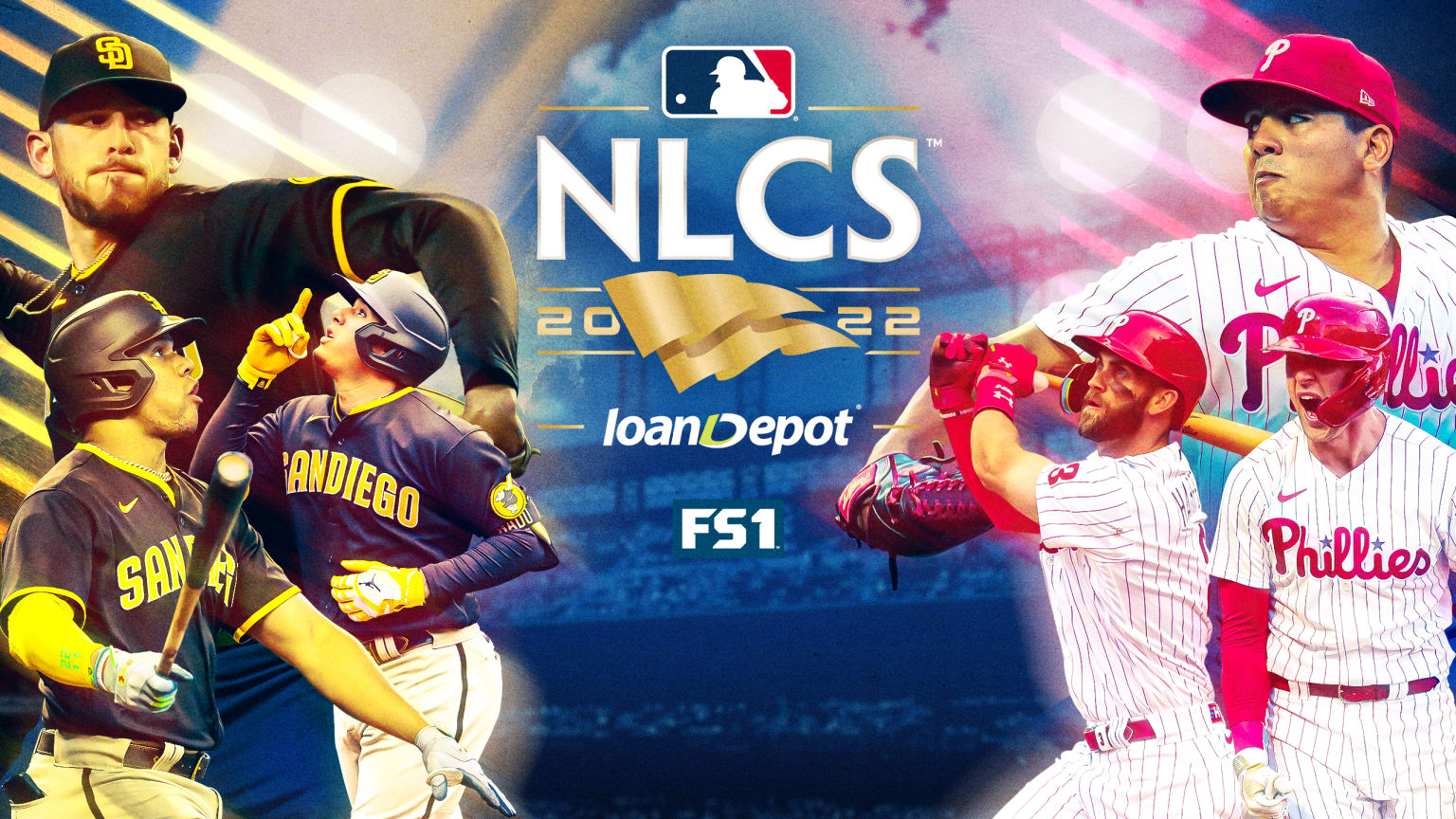 A designed image showing three Padres on the left, three Phillies on the right and the NLCS logo in the middle