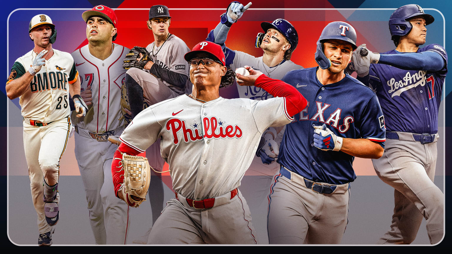 Pete Alonso, Sal Stewart, Cam Schlittler, Jesús Luzardo, Carter Jensen, Corey Seager and Shohei Ohtani