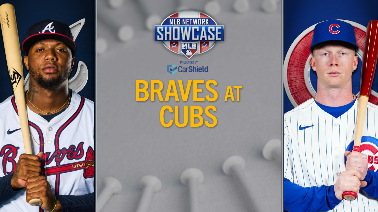 Images of Ronald Acuña Jr. and Pete Crow-Armstrong with the MLB Network Showcase logo and the text 'Braves at Cubs'