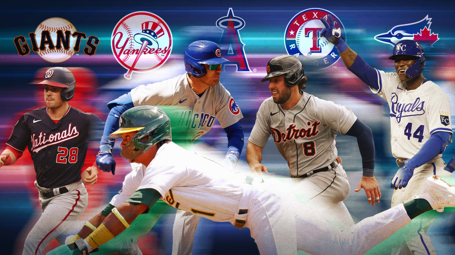 A photo illustration of five players in motion beneath five team logos