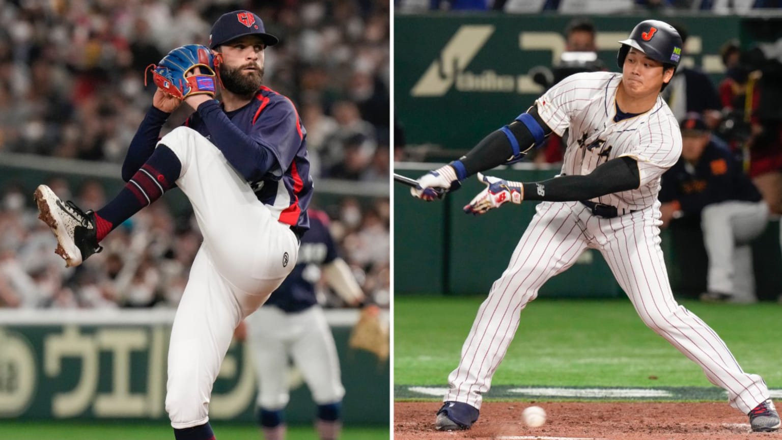 A split photo shows Ondrej Satoria pitching and Shohei Ohtani swinging the bat