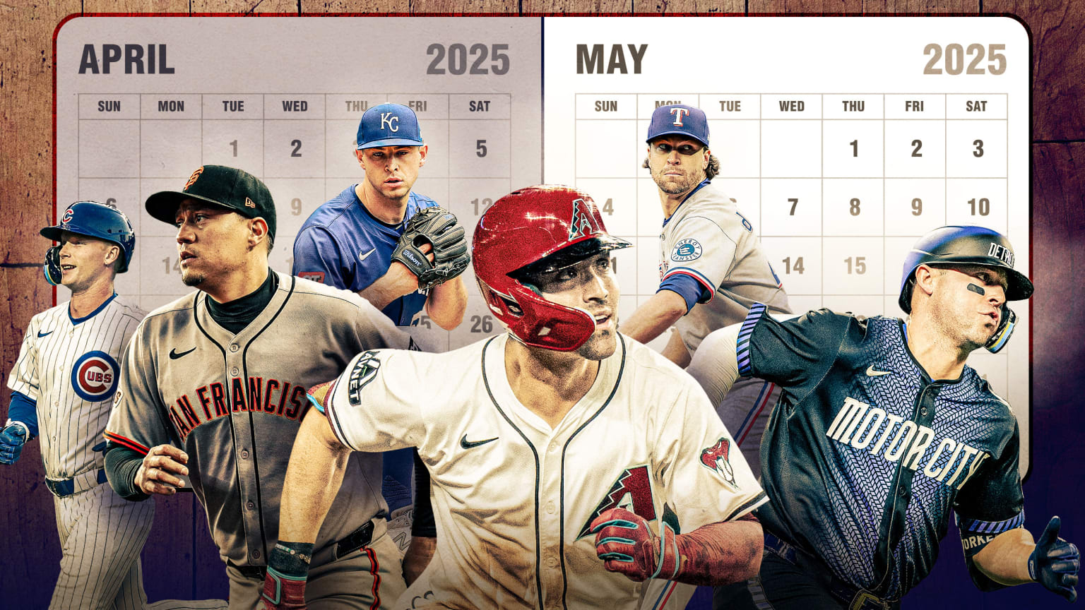 Images of Pete Crow-Armstrong, Wilmer Flores, Kris Bubic, Corbin Carroll, Jacob deGrom and Spencer Torkelson with April and May calendar pages in the background