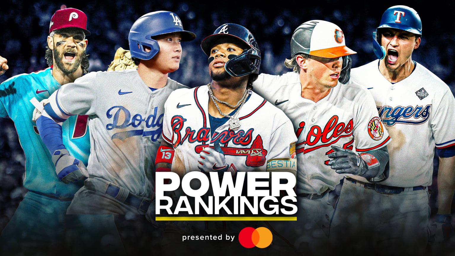 Bryce Harper, Shohei Ohtani, Ronald Acuña Jr., Adley Rutschman and Corey Seager with the Power Rankings logo