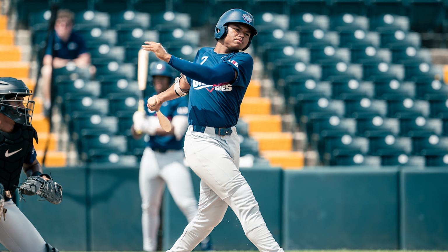 Dylan Minnatee takes a swing during the 2025 Breakthrough Series