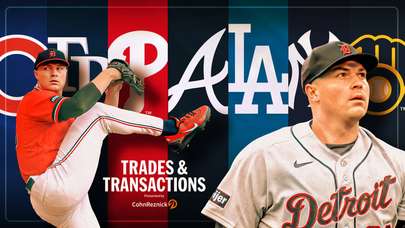 Two images of Tarik Skubal in front of logos for seven teams reportedly interested in trading for him
