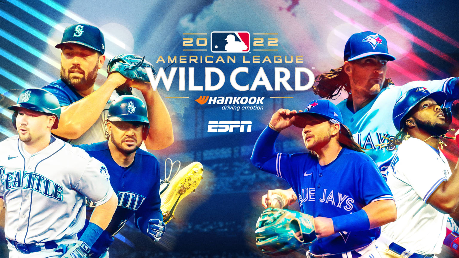 A graphic showing three Mariners players on the left and three Blue Jays players on the right. In the center, the words ''2022 Wild Card''