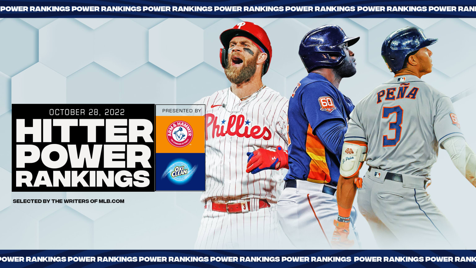Bryce Harper, Yordan Alvarez and Jeremy Peña are pictured next to the Hitter Power Rankings logo