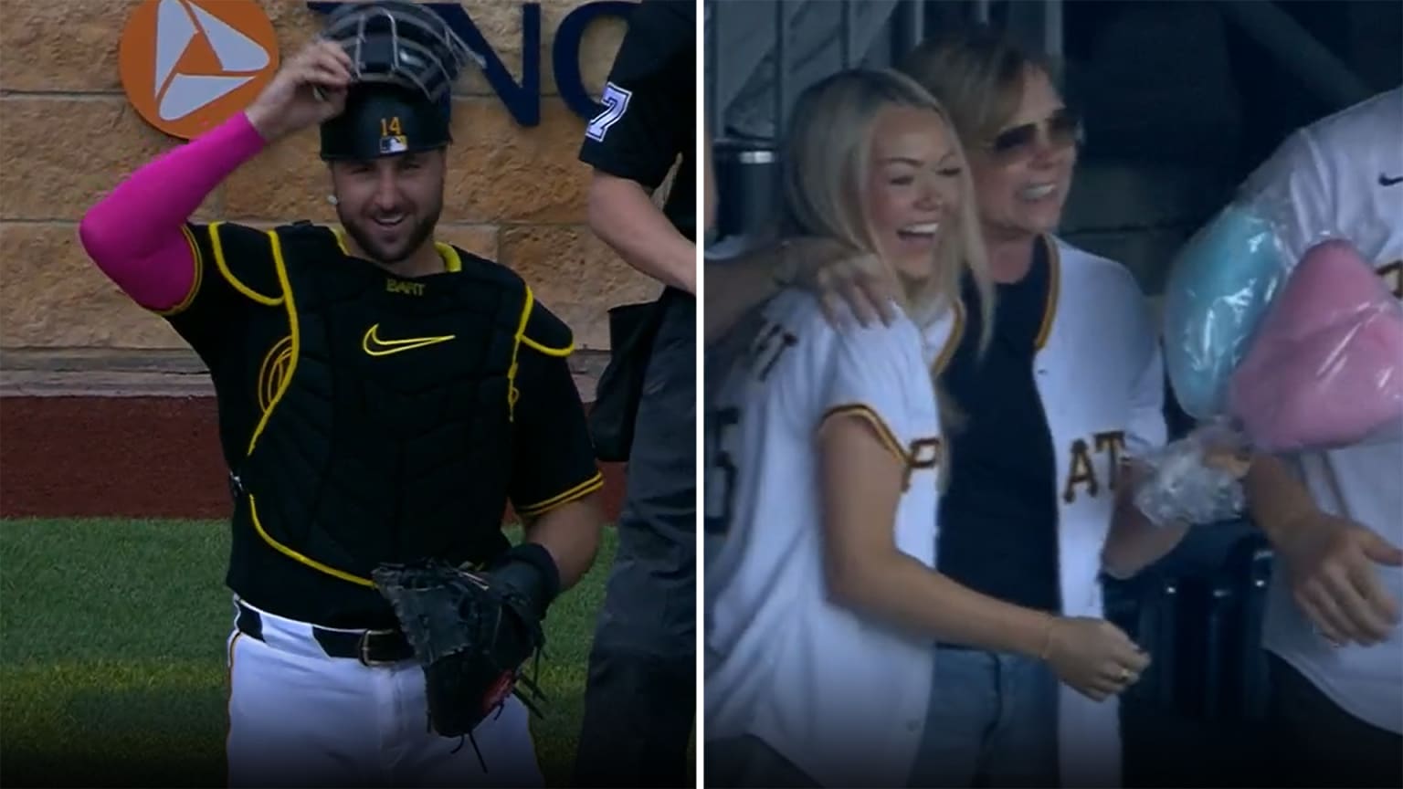 A split photo of Pirates catcher Joey Bart next to pitcher Braxton Ashcraft's family