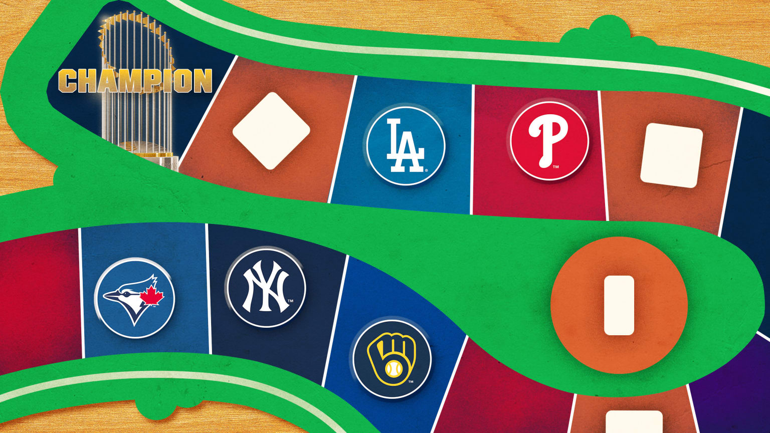 Logos for the Blue Jays, Yankees, Brewers, Phillies and Dodgers as pieces on a board game trying to get to the square that says CHAMPION