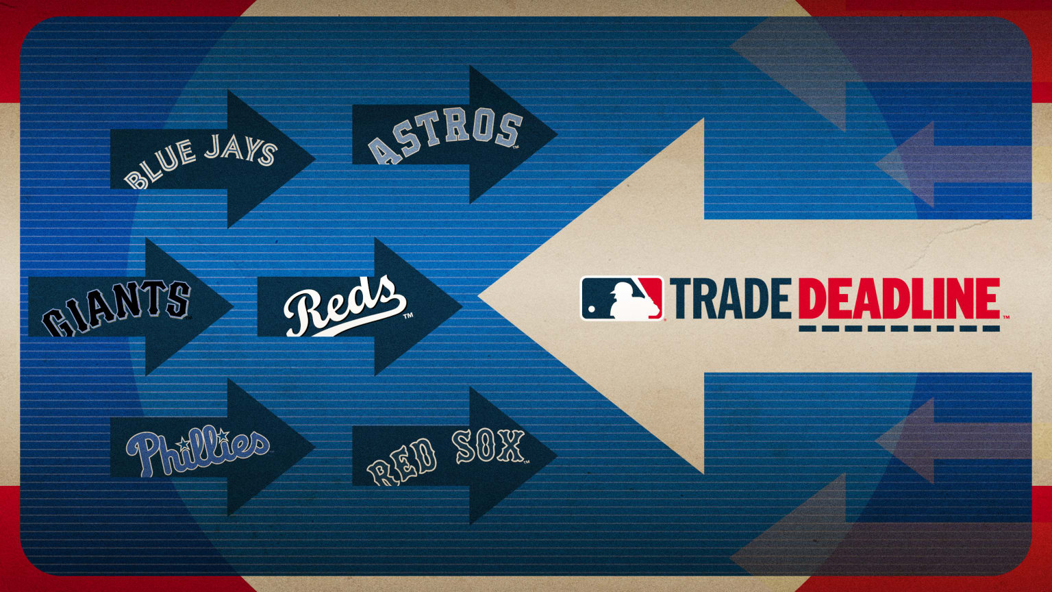 A designed image with six team names inside arrows pointing at Trade Deadline logo