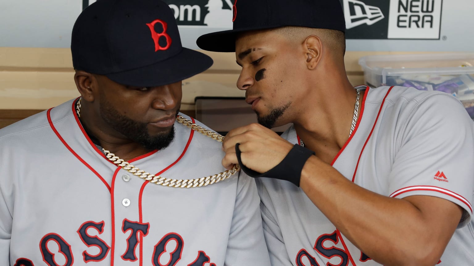 David Ortiz and Xander Bogaerts in the dugout as teammates