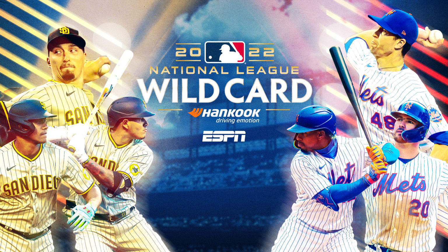 A graphic showing three Padres players on the left and three Mets players on the right. In the center, the words ''2022 National League Wild Card''