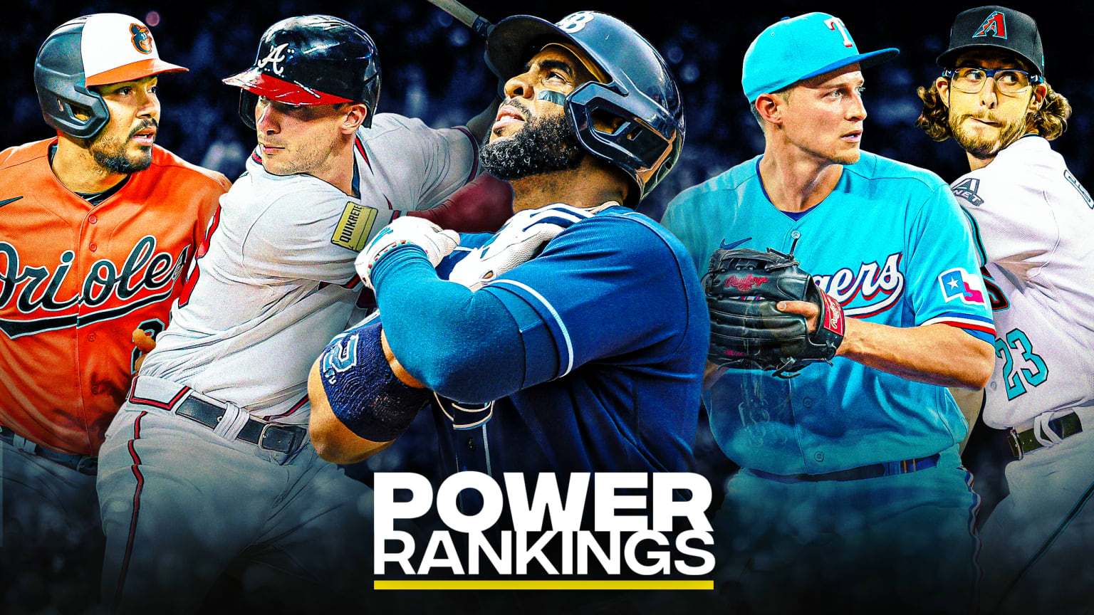 Anthony Santander, Matt Olson, Yandy Díaz, Corey Seager and Zac Gallen are pictured with the Power Rankings logo