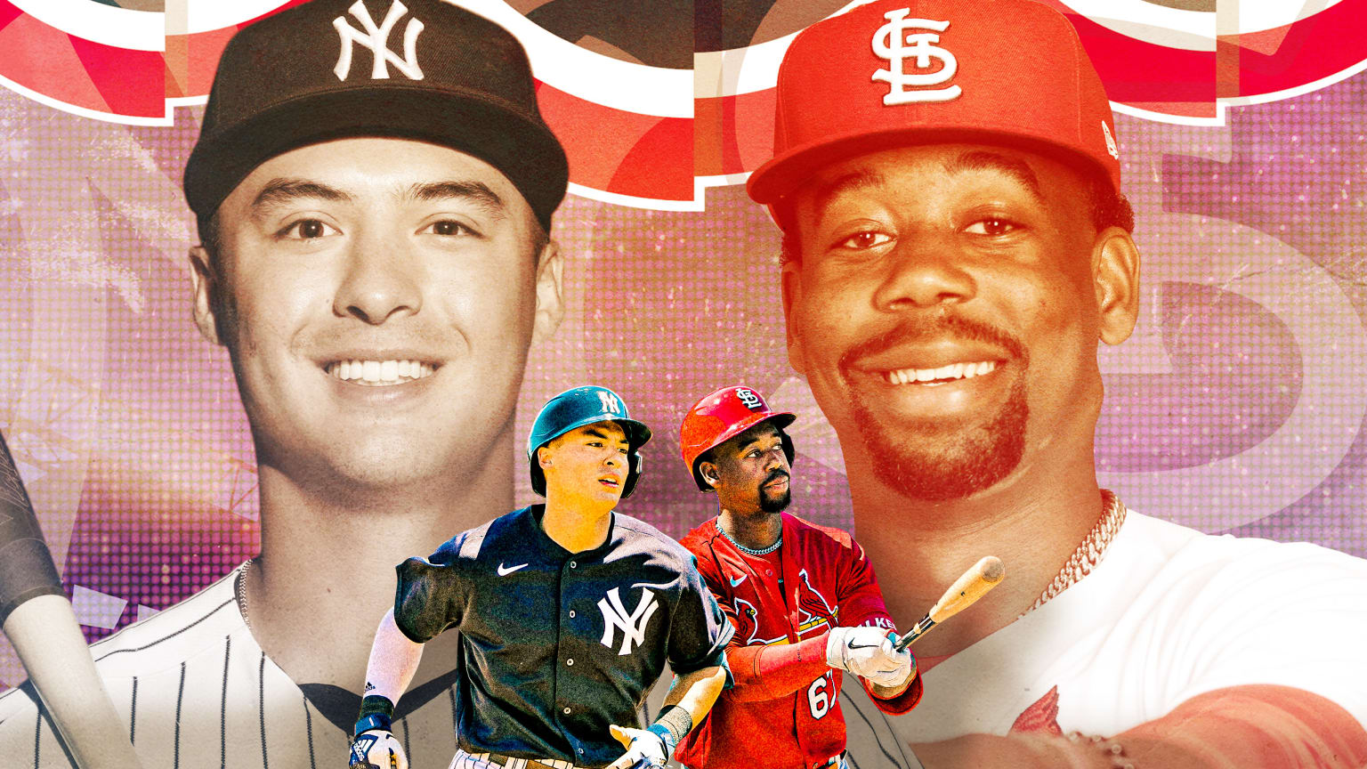 A photo illustration of portraits of the Yankees' Anthony Volpe and the Cardinals' Jordan Walker alongside images of them in action