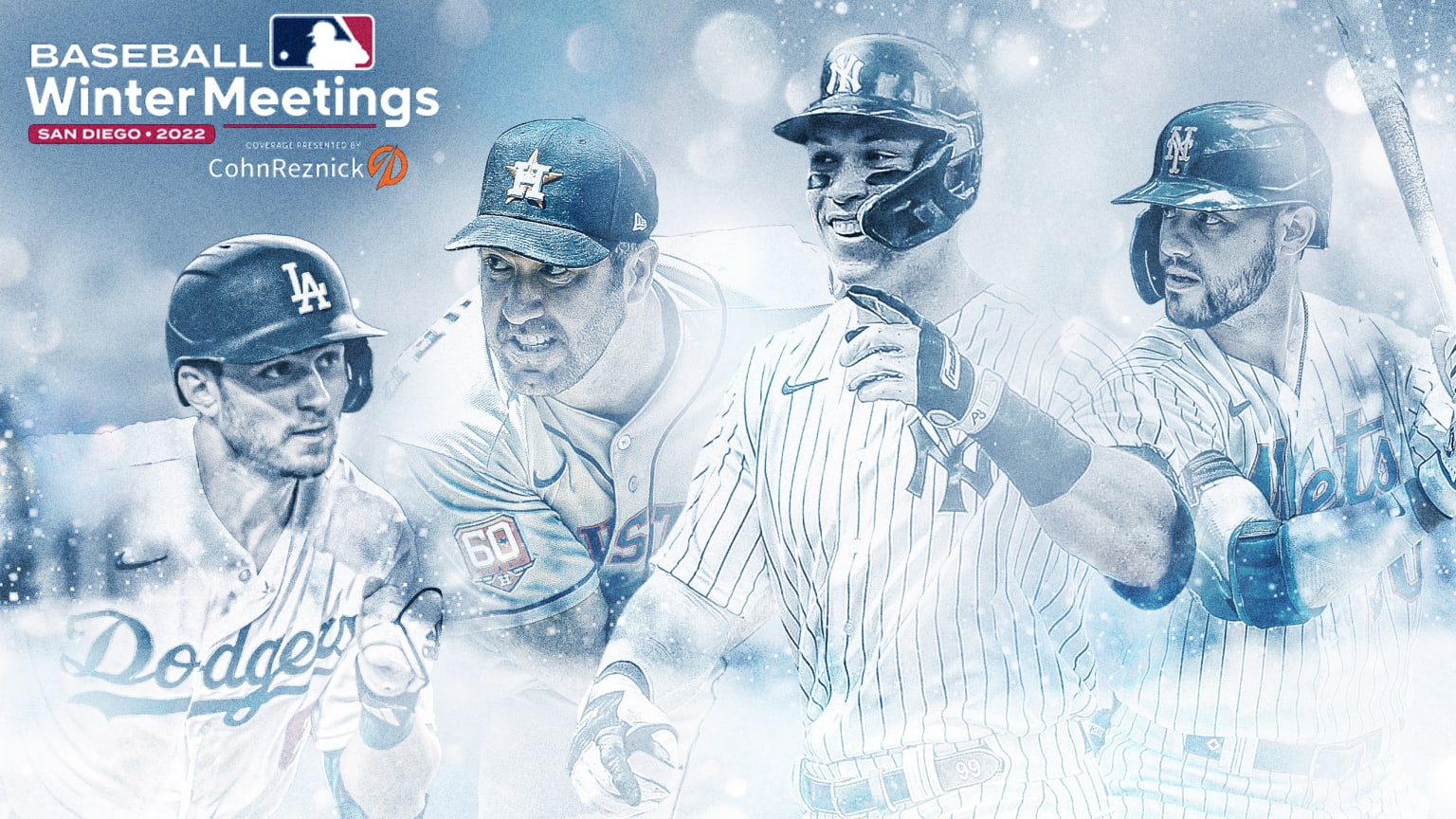 Trea Turner, Justin Verlander, Aaron Judge and Michael Conforto are pictured next to a Winter Meetings logo