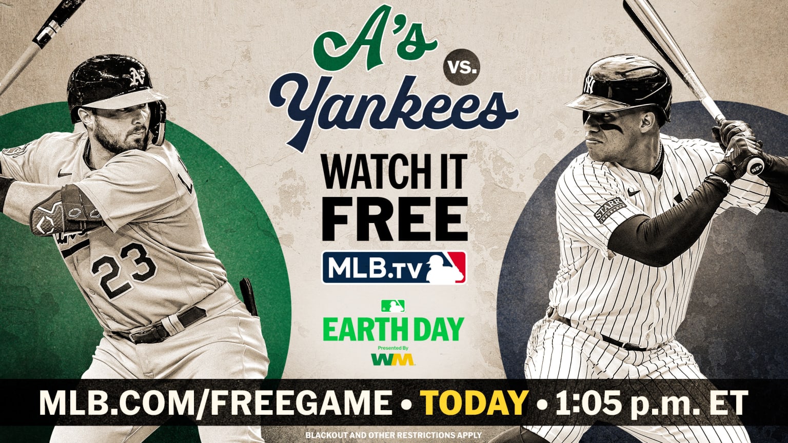 Shea Langeliers and Juan Soto with text promoting the MLB.TV free game between the A's and Yankees