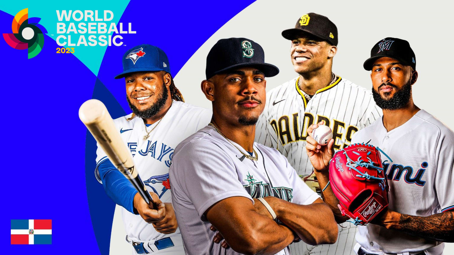 Vladimir Guerrero Jr., Julio Rodríguez, Juan Soto and Sandy Alcantara are pictured next to the World Baseball Classic logo and flag for the Dominican Republic