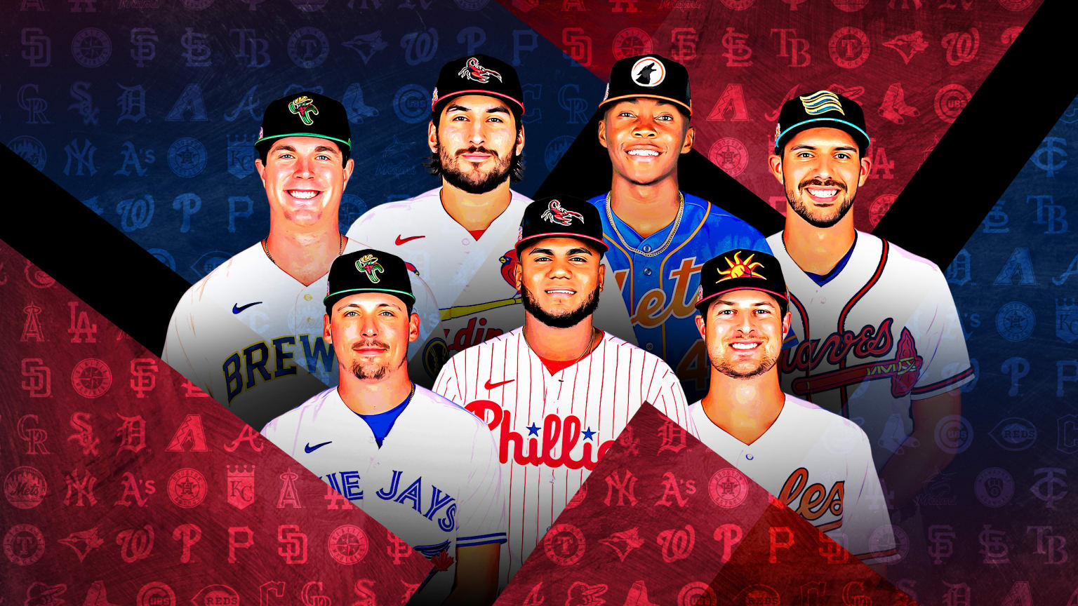 A photo illustration of 7 prospect portraits