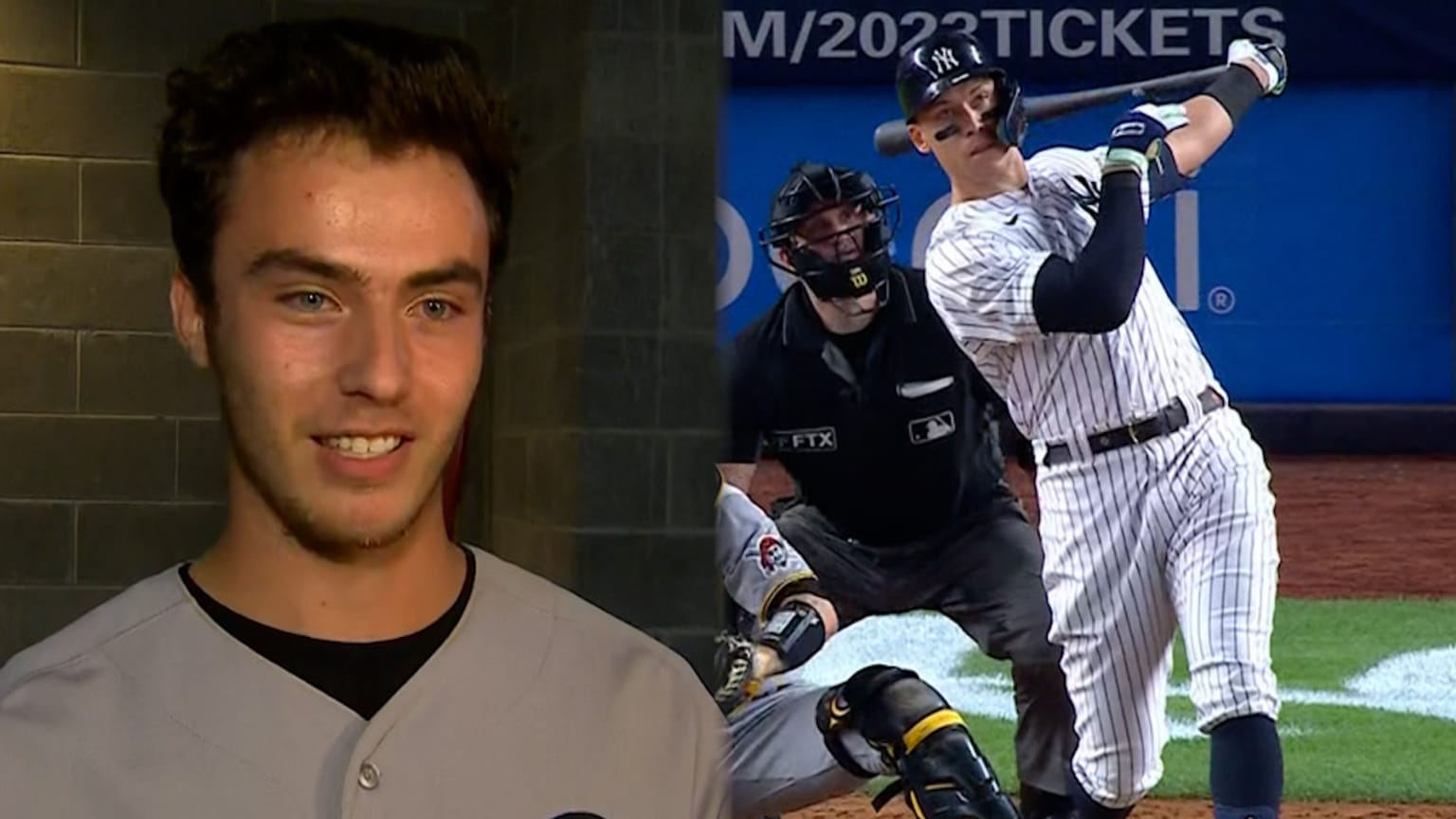 A split-screen image showing a college-aged fan being interviewed next to Aaron Judge following through on his swing