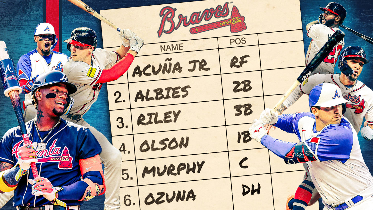 A photo illustration of six Braves hitters flanking a lineup card