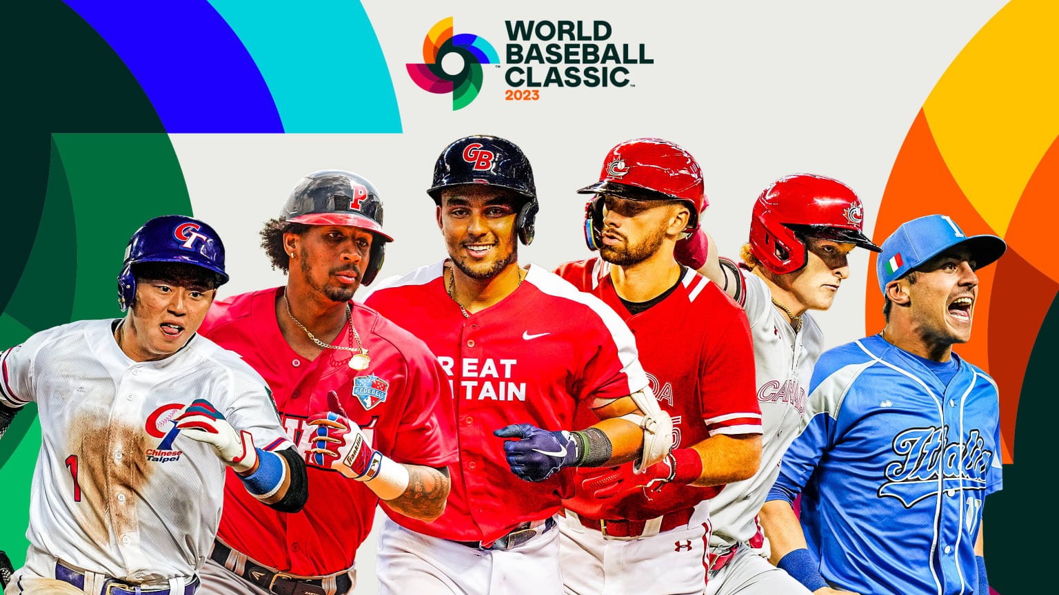 A photo illustration of six players against a colorful background beneath the World Baseball Classic logo