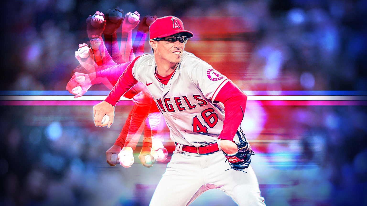 A photo illustration of Jimmy Herget pitching with multiple arms extending from his body