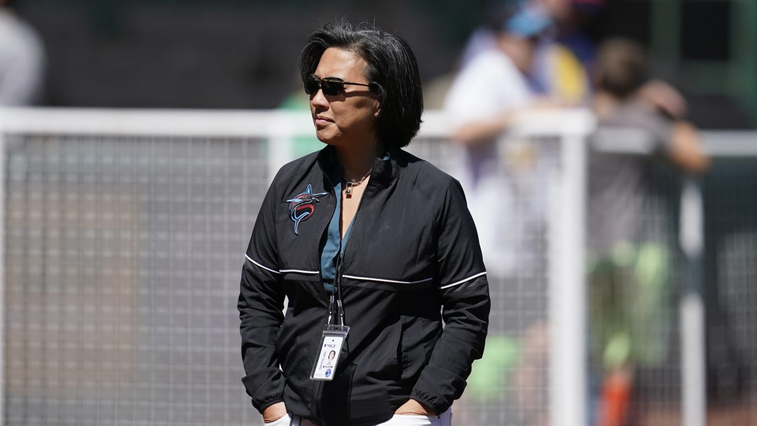 Marlins general manager Kim Ng is pictured on the field before a game